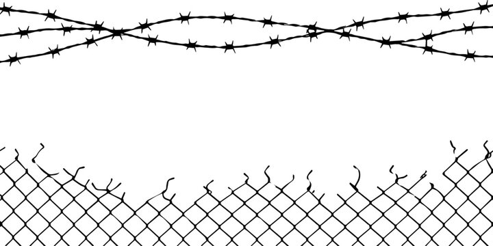 Barbed Wire Fence Frame with Sharp Metal Security Barrier, Industrial Steel Boundary Protection, Prison Jail and Military Border Concept Against Blue Sky