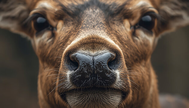 Close up portrait of a wild deer showing detailed fur and nose texture with wildlife portrait creature wilderness woodland majestic close-up