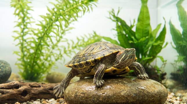 Red eared slider turtle perched on a rock in a glass tank with vibrant green foliage
