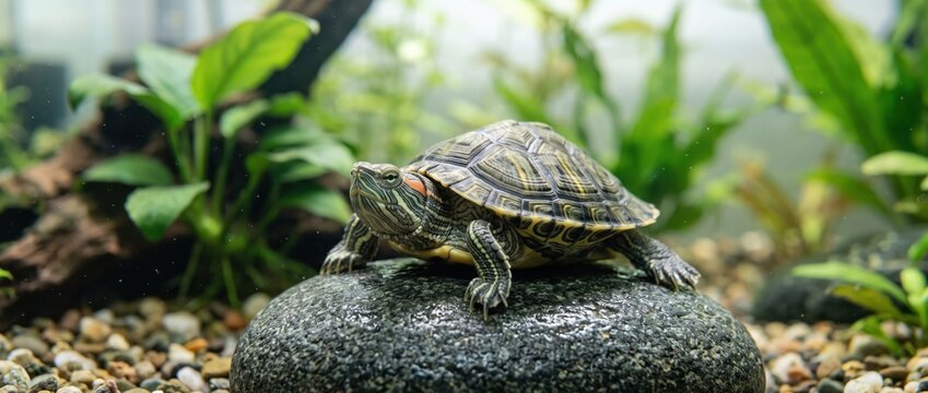 Red eared slider turtle resting on a dark stone in a freshwater aquarium environment reptile