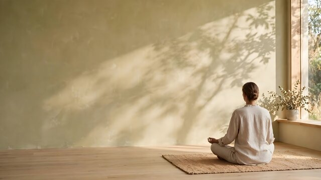Person meditating in serene indoor setting with natural light and shadows