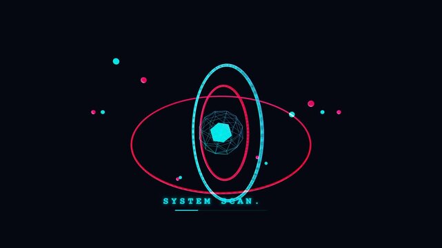 Dynamic 3D holographic sci-fi radar animation featuring rotating neon gyroscope rings, glowing data core, orbiting particles, and searching text loop. Perfect for futuristic HUD, cyberpunk interfaces,