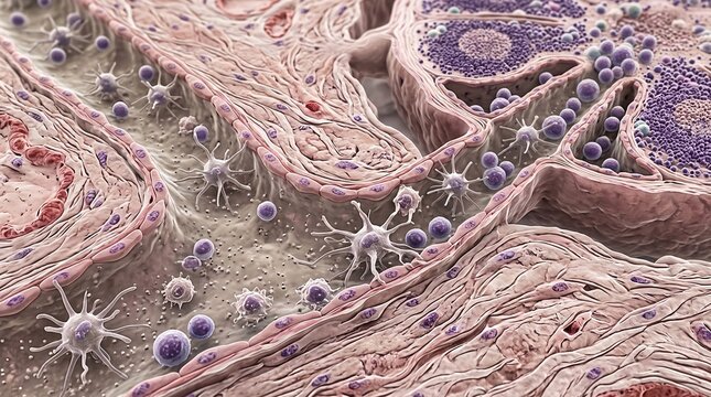 Microscopic view of human blood cells and white blood cells in a vein medical