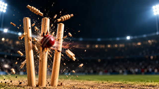 Cricket ball hitting stumps in dramatic bowled out moment, high speed action shot