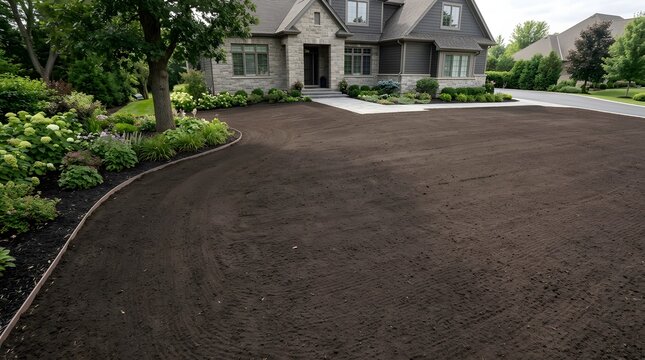 Front Yard of Prepared Soil Awaiting New Turf at a Stone Home