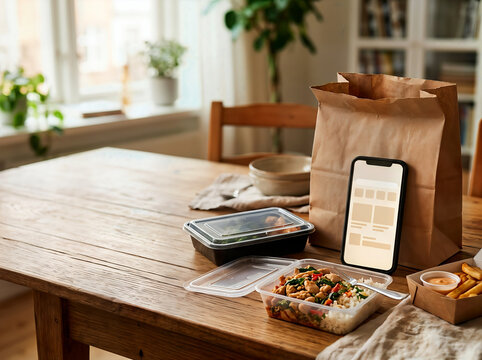 Paper delivery bag and plastic food containers on wooden table with smartphone