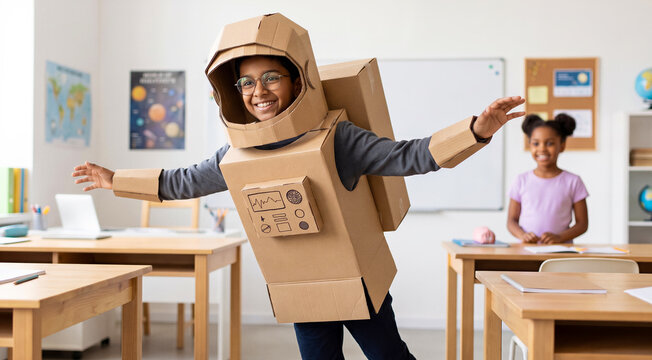 Young boy wearing cardboard astronaut costume playing in classroom, girl smiling in background, creative childhood play. Education, creativity, imaginary play, preschool education.