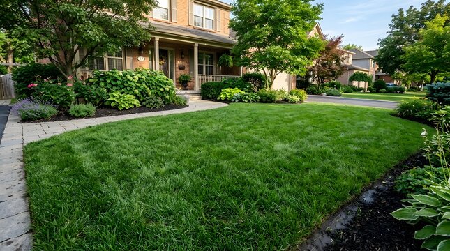 Healthy Green Front Lawn and Flower Beds Outside a Brick Home