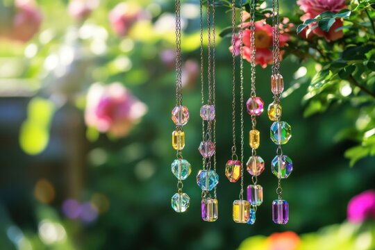 Crystal suncatcher beads hanging in sunny garden.