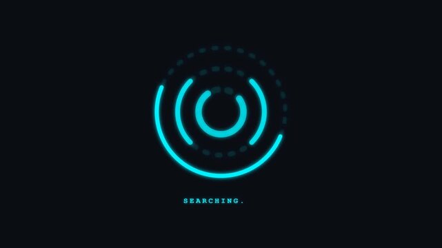Premium stylized futuristic searching radar animation featuring glowing concentric circles, dynamic stroke drawing, tech targeting blips, and loading text loop.