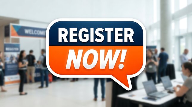 Person holding register now sign at event