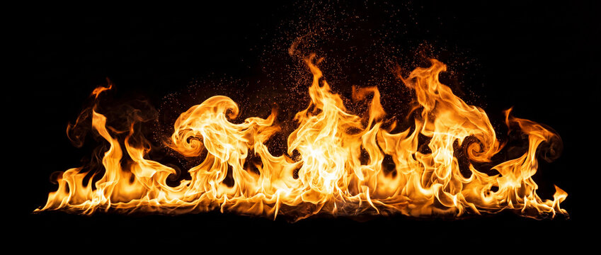 Fire flames banner isolated on black and overlay, featuring blazing orange inferno tongues with sparks for cinematic action VFX, poster art, and dramatic compositing