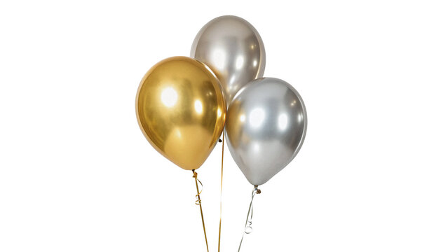 Two floating metallic gold and silver helium balloons isolated on transparent background
