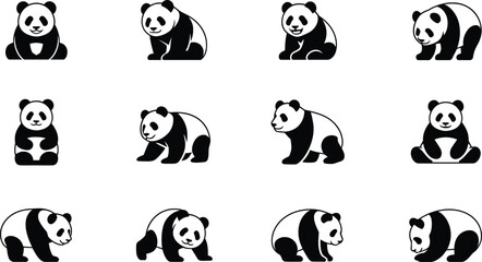 Set of cute panda bear silhouettes in various poses isolated on white background © Mdaminul