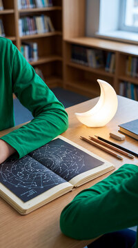 Person studying constellations in an open astronomy book at a wooden desk, crescent moon shaped lamp glowing, pencils and notebook nearby. Education, science, learning, hobby.