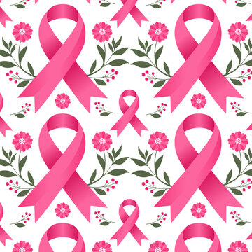 Breast cancer awareness seamless pattern vector featuring pink ribbons, pink flowers, and green leaf sprigs on a transparent Background