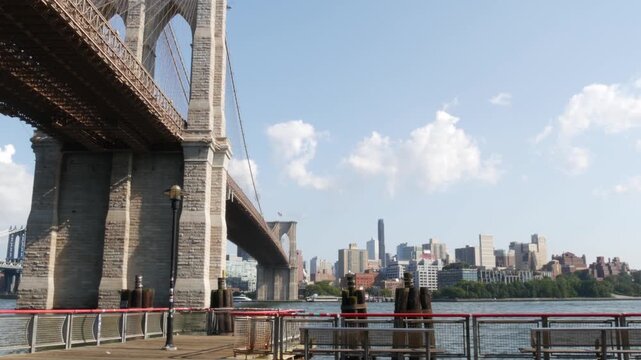 New York City Brooklyn Heights skyline from Manhattan, United States. Riverfront residential district near Dumbo and Brooklyn Bridge cityscape. East river water from esplanade. Waterfront buildings.