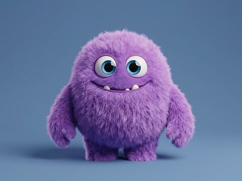 Cute purple fluffy monster character standing on a solid blue background surface