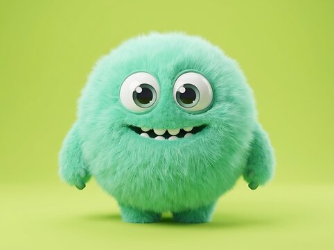 A cute fluffy green monster character standing on a soft green background