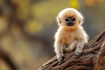 Fototapeta premium Cute golden monkey sitting on thick tree branch