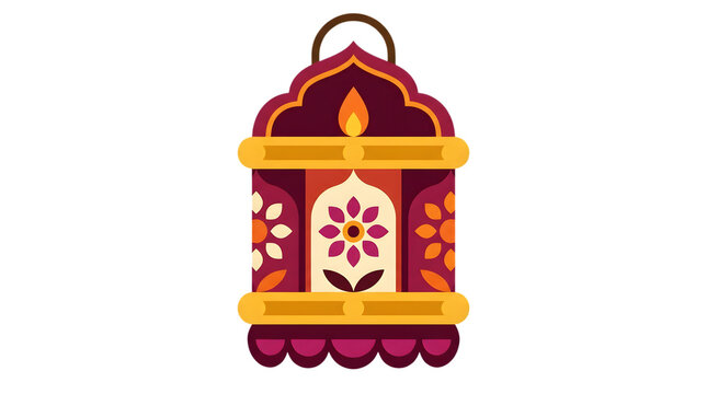 Traditional Ramadan lantern with floral patterns, ornate Arabic fanous lamp illustration, decorative Islamic festival light icon on white background