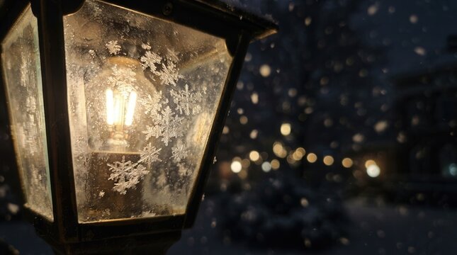Frost Snow Crystals on Glowing Glass Street Lamp