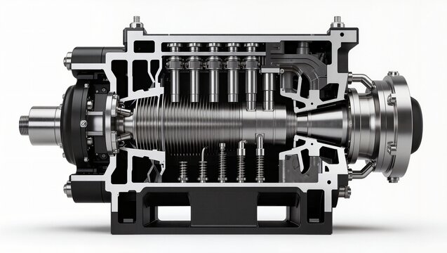 Horizontal multistage barrel pump with threaded bellows rotor and spring valve array cross-section, white background