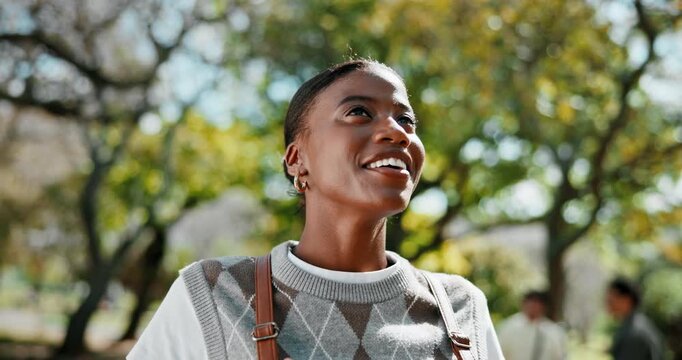 Student, woman and thinking at college with backpack, education and optimistic for degree aspiration. Happy, black person and outdoor at university with scholarship, vision and positivity for future.