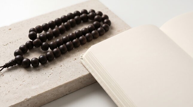 Minimalist flat lay featuring a wooden misbaha for adkar and a blank open notebook on stone tile