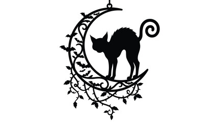 Fototapeta premium Halloween silhouette featuring arched black cat standing on decorative crescent moon with flying bats and swirling floral vine pattern design
