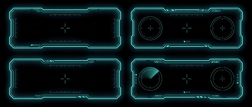 HUD frame set with glowing cyan interface elements, radar displays, and crosshairs on black background, perfect for sci-fi video game streaming overlays and futuristic UI design