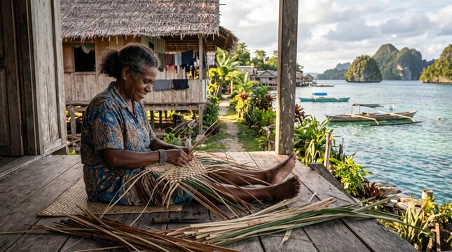 Papuan coastal community member in Arborek Village, Raja Ampat, Southwest Papua, Indonesia