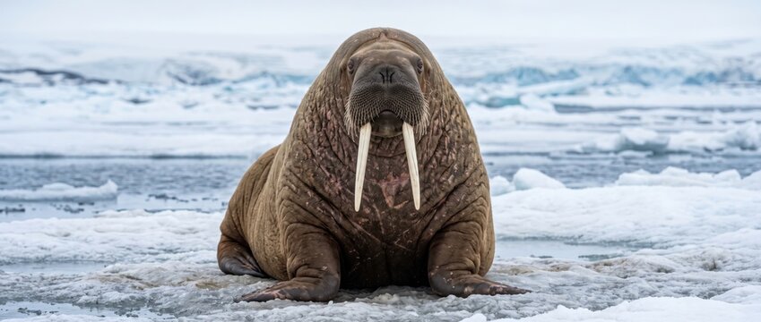 Walrus resting on a floating ice floe in the arctic ocean during a cold winter day