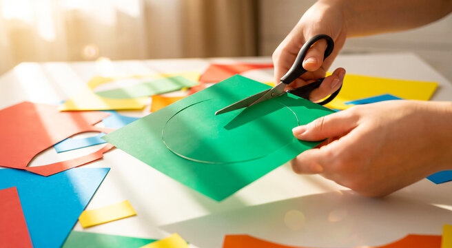 Close up of hands cutting a green circle out of paper with scissors, colorful scraps on white table, bright sunlight. Crafting, DIY hobby, creative arts, education.