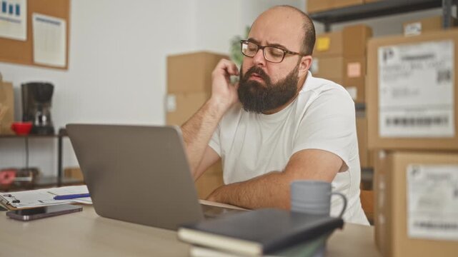 Man working at laptop with hand on cheek, looking tired among stacked parcels in a small business building; fatigue pondering.