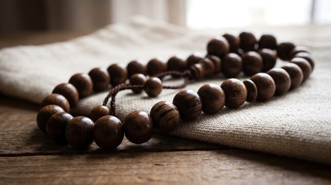 A close up view of wooden adkar prayer beads resting on a textile fabric and wooden table background.