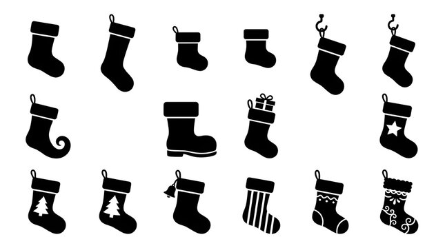 A collection of black christmas icons featuring holiday winter festive snowflake ornament santa gift stocking designs for seasonal graphic design projects