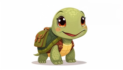 Obraz premium Cute cartoon turtle wearing a small backpack standing on a white background