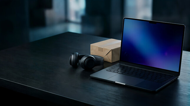 Laptop computer and wireless headphones on a dark desk with office setup