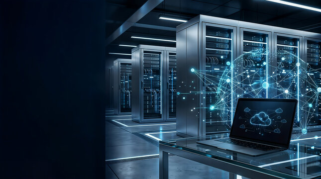Data server racks with cloud computing visualization on laptop