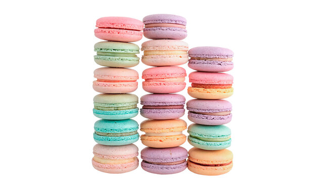 Stacks of colorful French sweet macaron cookies isolated on transparent background