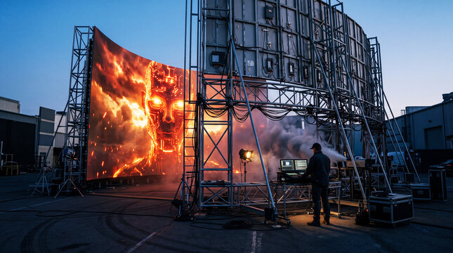 Technician at a control desk before a giant curved LED screen at dusk