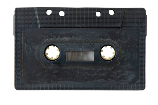Vintage Black Audio Cassette Tape isolated on white background.