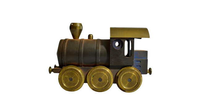 Antique Miniature Brass Steam Locomotive Train Engine Toy Isolated on Transparent Background
