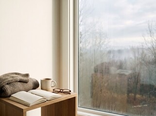 Obraz premium Cozy autumn slow living scene with window view, journal and warm drink on side table, social media template negative space