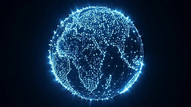 Glowing Digital Earth rotating in a dark cosmic void with subtle light flares during a global data transfer concept