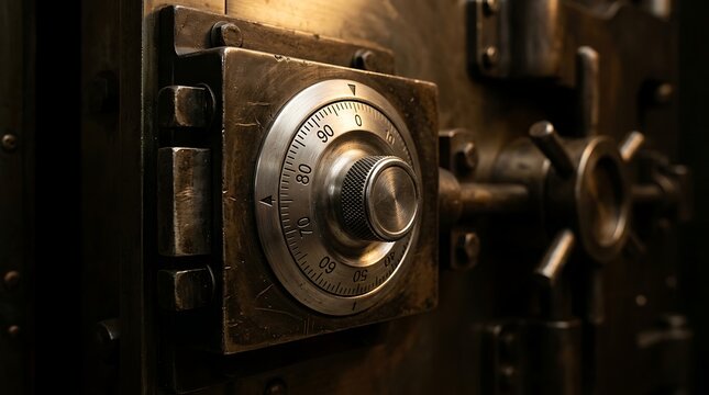 Close-up of a vintage heavy metal vault door, featuring an intricate combination dial and sturdy locking mechanism, symbolizing ultimate security and protection of valuable assets