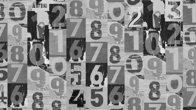 Old black and white posters of numbers ripped torn crumpled paper abstract grunge texture wall backdrop placard surface, Seamless loop collage urban street posters slideshow