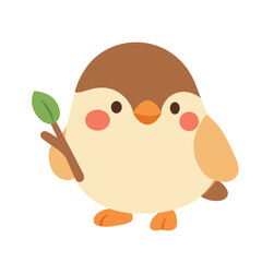 Obraz premium Cute Cartoon Sparrow Holding a Twig: An adorable, round sparrow rendered in a charming cartoon style, clutching a small twig with green leaves in its tiny foot.