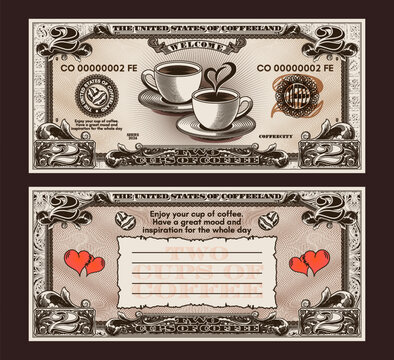 Vector vintage banknote in engraved style. Two cups of coffee. Obverse and reverse. 3D. Blank scroll. Advertising flyer or holiday coupon. Coffee shop ticket. Denomination 2. Love and hearts